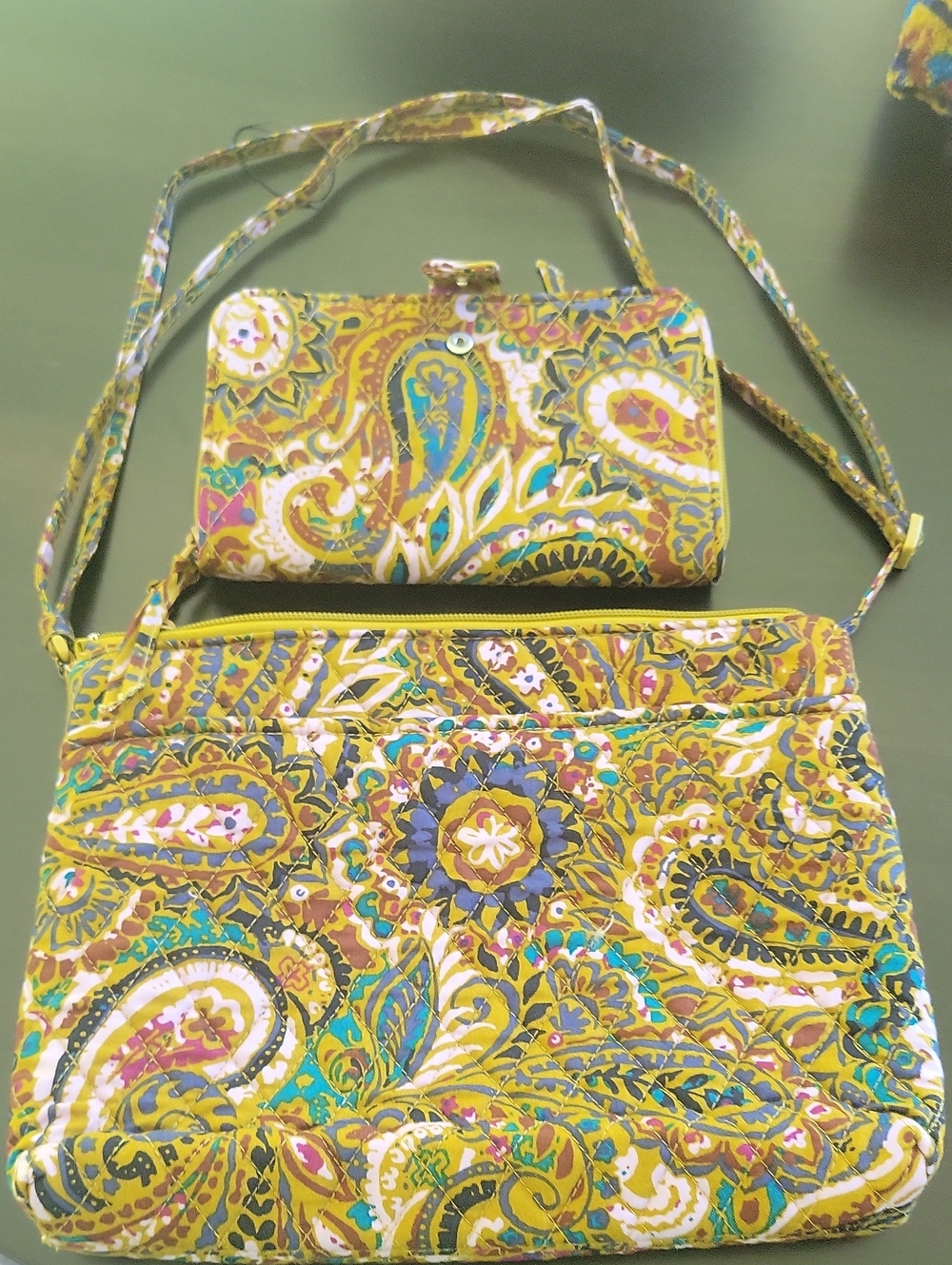 Vera Bradley Stylish Floral Paisley Crossbody Bag and Wallet Set - Yellow